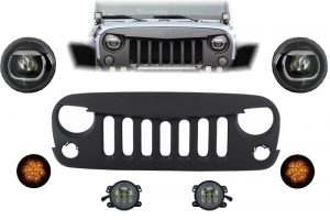 Pachet Grila Centrala si Lampi Semnalizare LED compatibil cu Jeep Wrangler / Rubicon JK (2007-up)