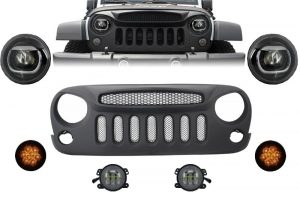 Pachet Grila Centrala si Lampi Semnalizare LED compatibil cu Jeep Wrangler (2007-up)