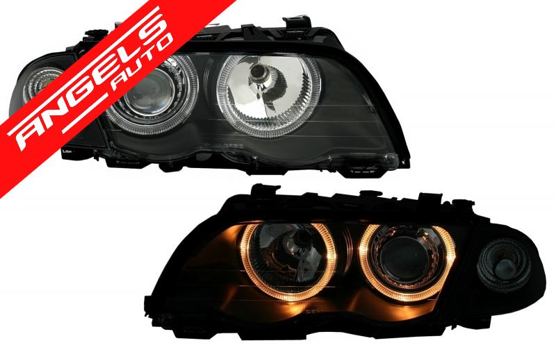 Faruri compatibile cu BMW Seria 3 E46 Limuzina 1998-2001 pozitie angeleyes negru Depo