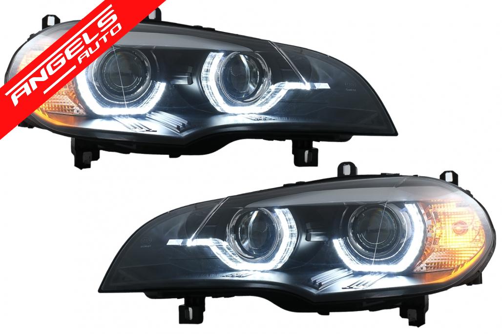Faruri Xenon compatibile cu BMW X5 E70 (2007-2010) Angel Eyes 3D Dual Halo Rims LED