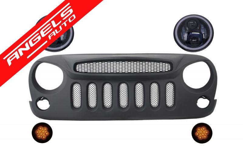 Grila cu Faruri LED CREE Angel Eye si Semnalizari compatibila cu Jeep JK 2007-2017