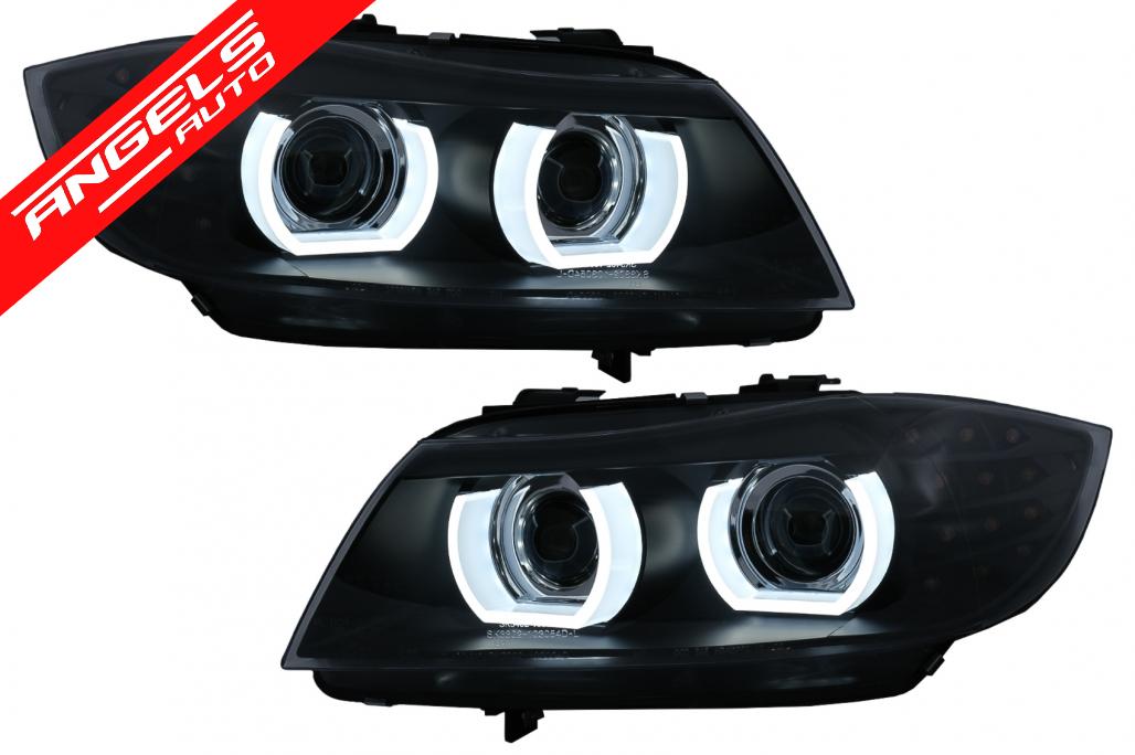 Faruri Xenon compatibile cu BMW Seria 3 E90 E91 (2008-2011) 3D ULed Angel Eyes Negru - imagine 2