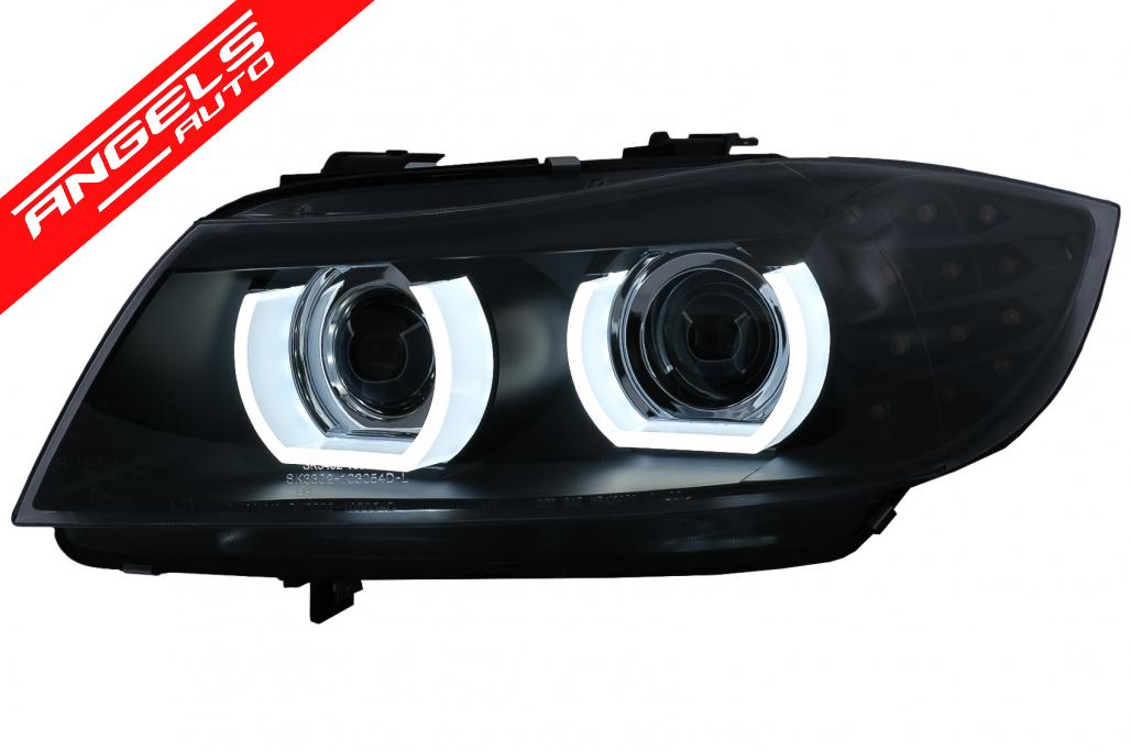 Faruri Xenon compatibile cu BMW Seria 3 E90 E91 (2008-2011) 3D U-Led Angel Eyes Negru - imagine 5