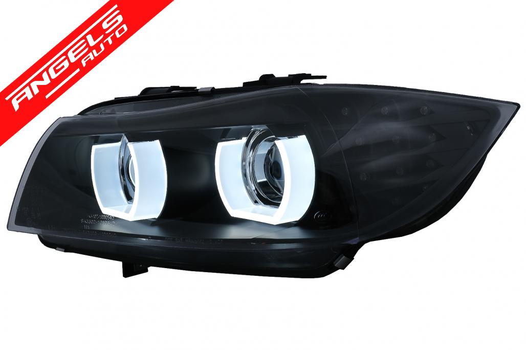 Faruri Xenon compatibile cu BMW Seria 3 E90 E91 (2008-2011) 3D ULed Angel Eyes Negru - imagine 3