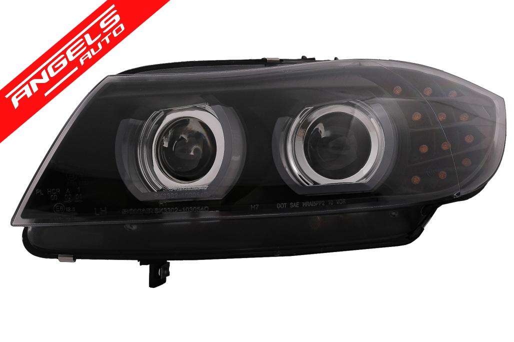 Faruri Xenon compatibile cu BMW Seria 3 E90 E91 (2008-2011) 3D U-Led Angel Eyes Negru - imagine 2