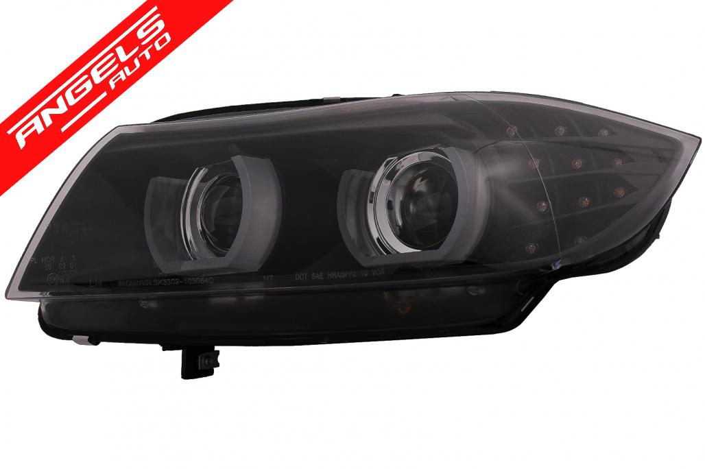 Faruri Xenon compatibile cu BMW Seria 3 E90 E91 (2008-2011) 3D U-Led Angel Eyes Negru - imagine 3