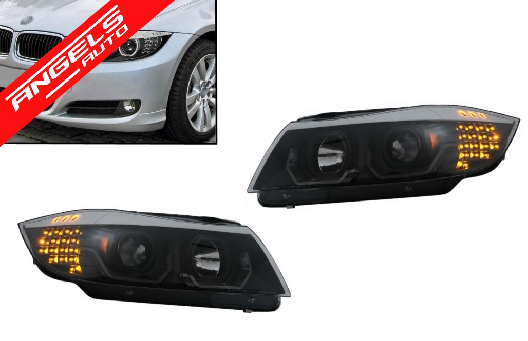 Faruri compatibile cu BMW Seria 3 E90 E91 (03.2005-08.2008) LHD Negru LED Angel Eyes - imagine 8