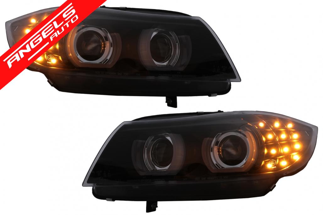 Faruri Xenon 3D Angel Eyes compatibile cu BMW E90 E91 cu AFS (2008-2011) Negru - imagine 5
