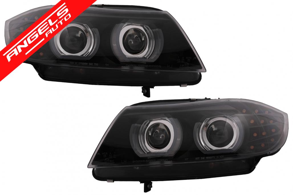 Faruri Xenon 3D Angel Eyes compatibile cu BMW E90 E91 cu AFS (2008-2011) Negru
