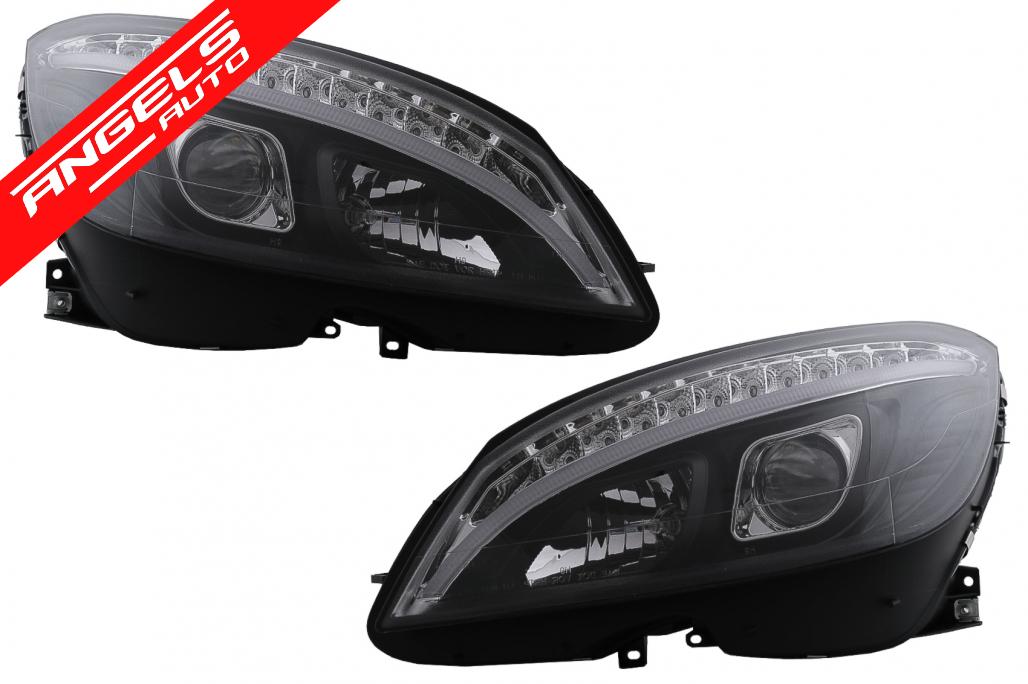 Faruri compatibile cu Mercedes C-Class W204 S204 (2007-2010) Negru cu Semnal Dinamic