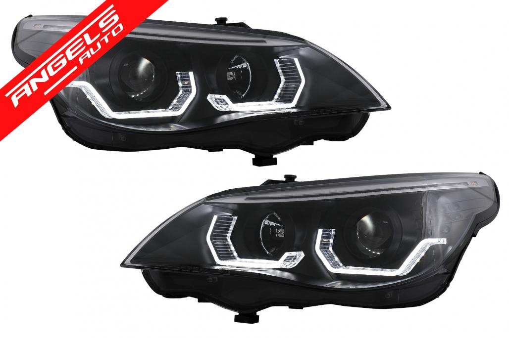 Faruri 3D LED Angel Eyes compatibile cu BMW Seria 5 E60 E61 (2003-2007) LCI Design Negru
