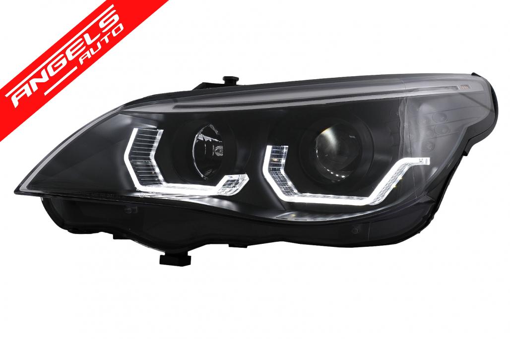 Faruri 3D LED Angel Eyes compatibile cu BMW Seria 5 E60 E61 (2003-2007) LCI Design Negru - imagine 2