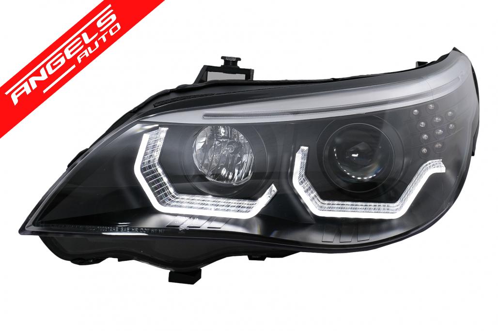 Faruri 3D LED Angel Eyes compatibile cu BMW Seria 5 E60 E61 (2003-2007) LCI Design Negru - imagine 3