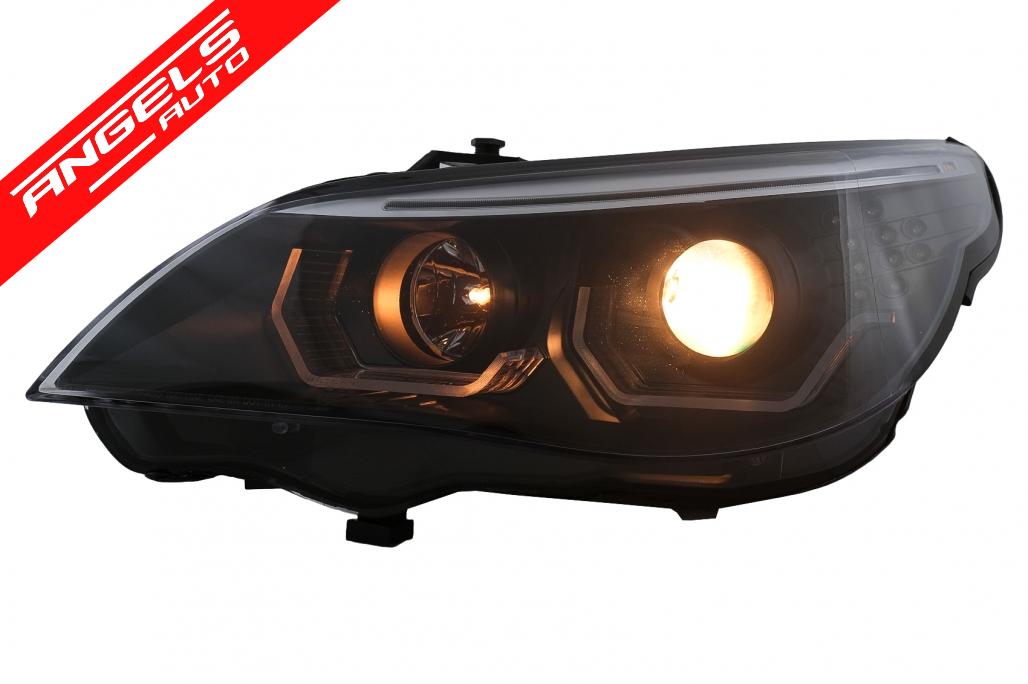 Faruri 3D LED Angel Eyes compatibile cu BMW Seria 5 E60 E61 (2003-2007) LCI Design Negru - imagine 6