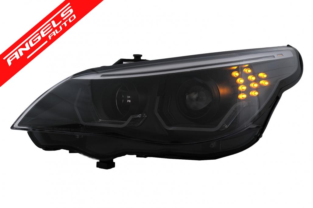 Faruri 3D LED Angel Eyes compatibile cu BMW Seria 5 E60 E61 (2003-2007) LCI Design Negru - imagine 11