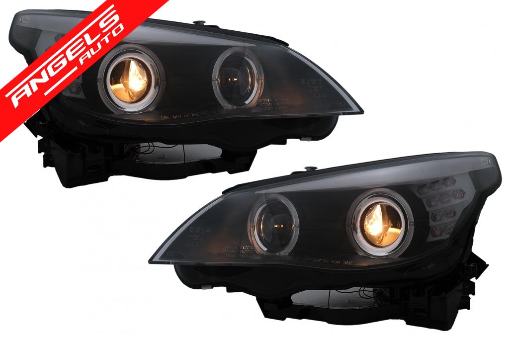 Faruri LED Angel Eyes compatibile cu BMW Seria 5 E60 E61 (2003-2007) LCI Design Negru - imagine 4