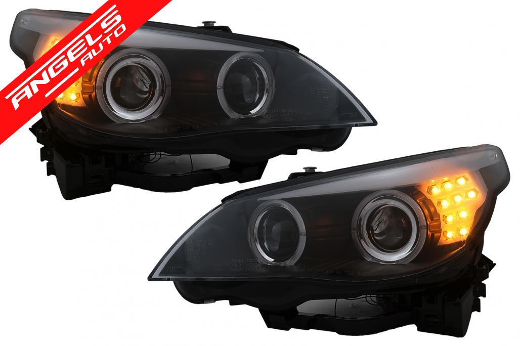Faruri LED Angel Eyes compatibile cu BMW Seria 5 E60 E61 (2003-2007) LCI Design Negru - imagine 6