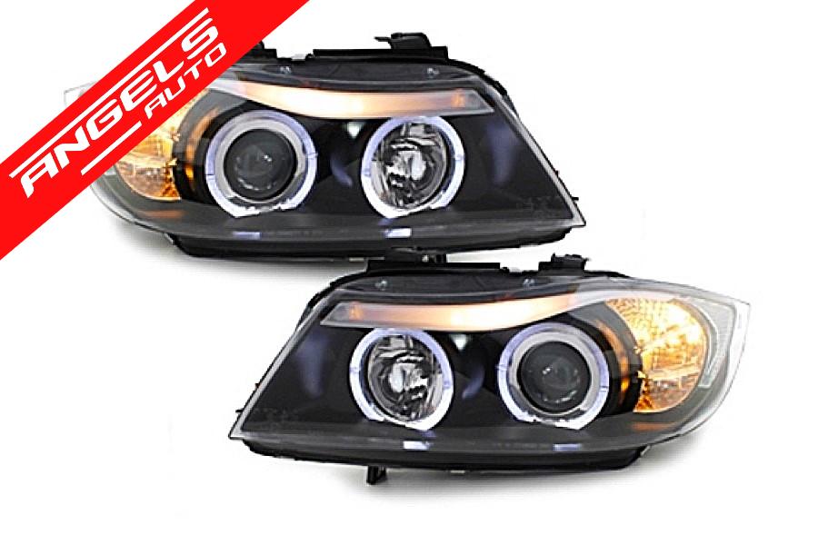 Faruri Angel Eyes compatibile cu BMW Seria 3 E90 Sedan E91 Touring (03.2005-08.2008) Negru - imagine 3